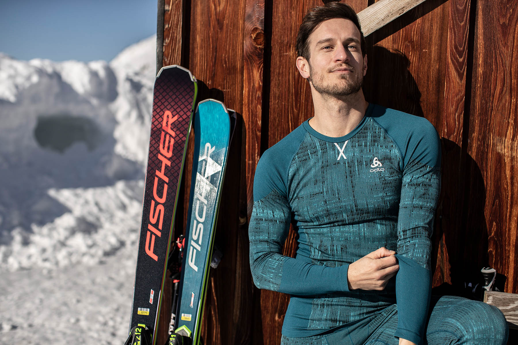 skier in odlo blackclomb mens base layers