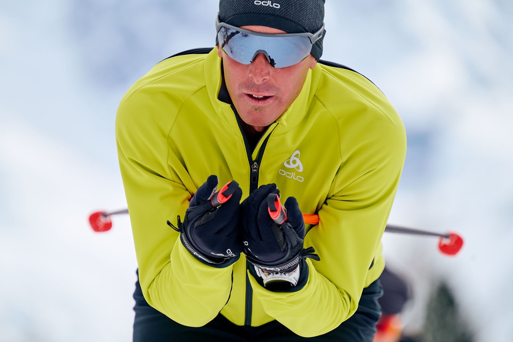 cross country skier in an odlo men's outdoor jacket