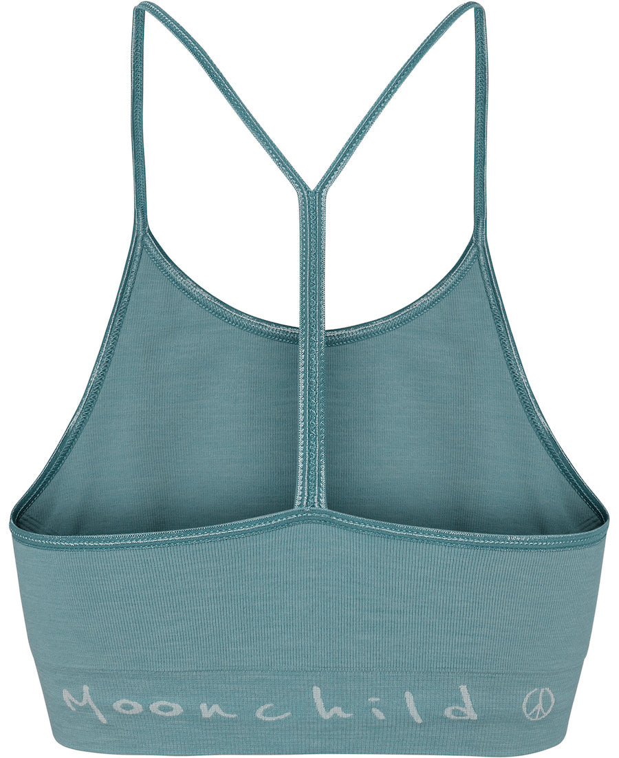 Britney Blue Seamless Zen Bra Top back view Moonchild written plus logo