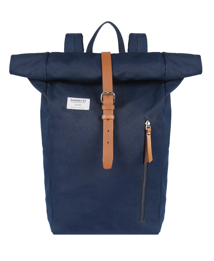 Dante Backpack in Navy with Leather Trim and pull tabs external pocket