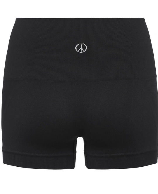 Lux Yoga shorts perfect for hot yoga- rear view in Onyx Black with Moonchild Peace Logo
