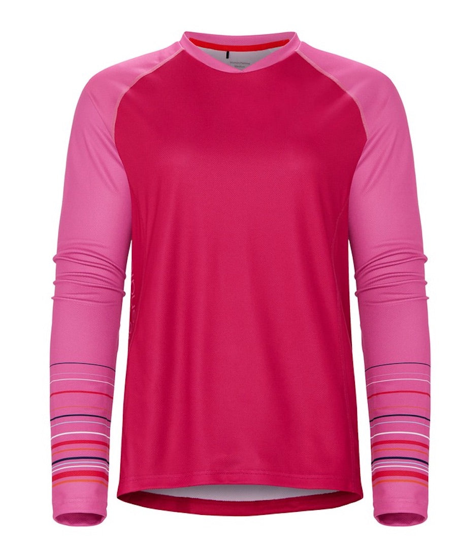 Front view of Allmountain long sleeve shirt in hot pink with light pink sleeves.