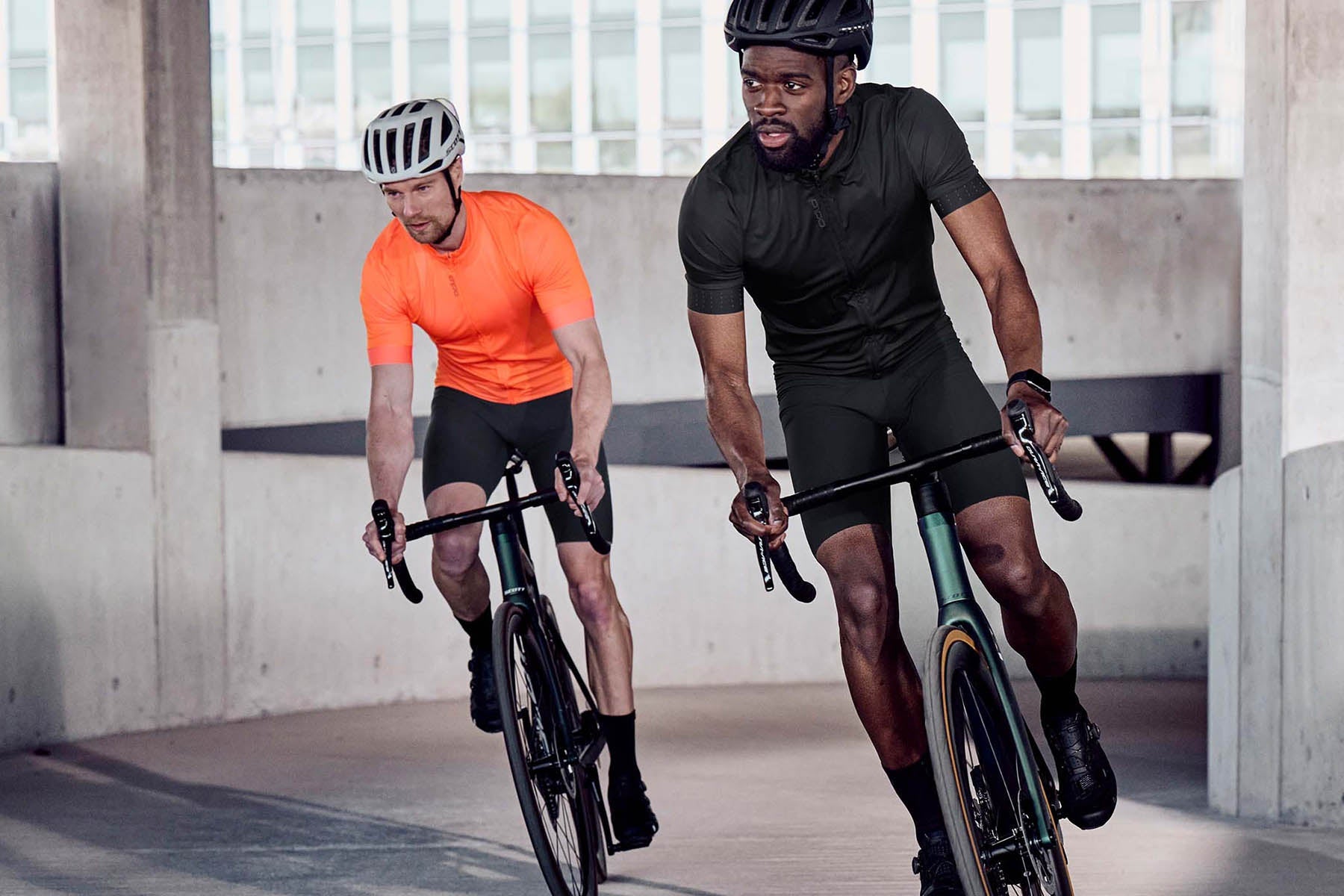 two cyclers in odlo cycling clothing