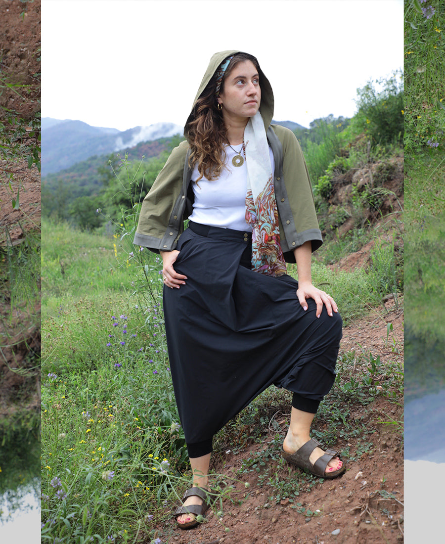 woman hiking in elke nyc lightweight harem pants