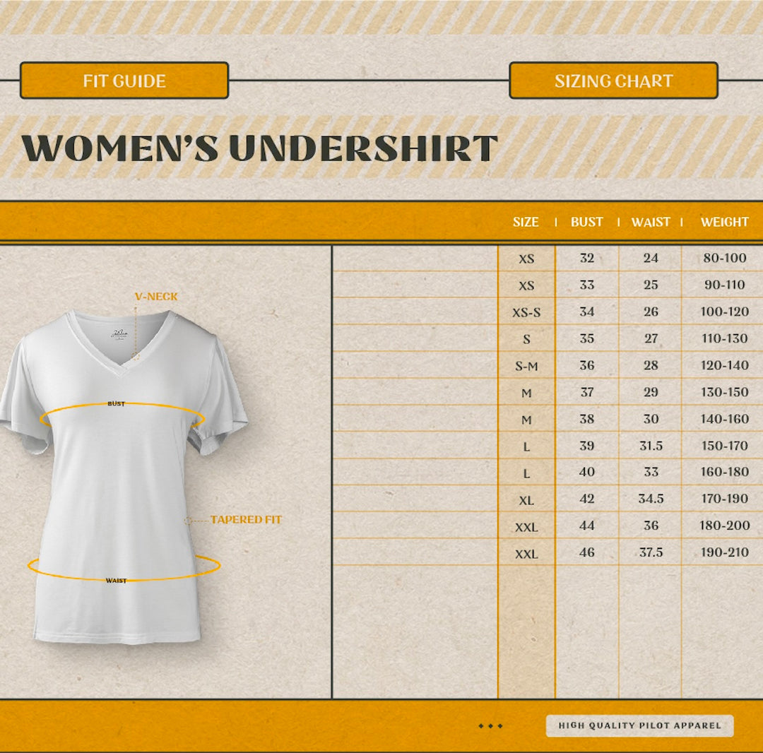  jetseam women's v-neck pilot undershirt size chart