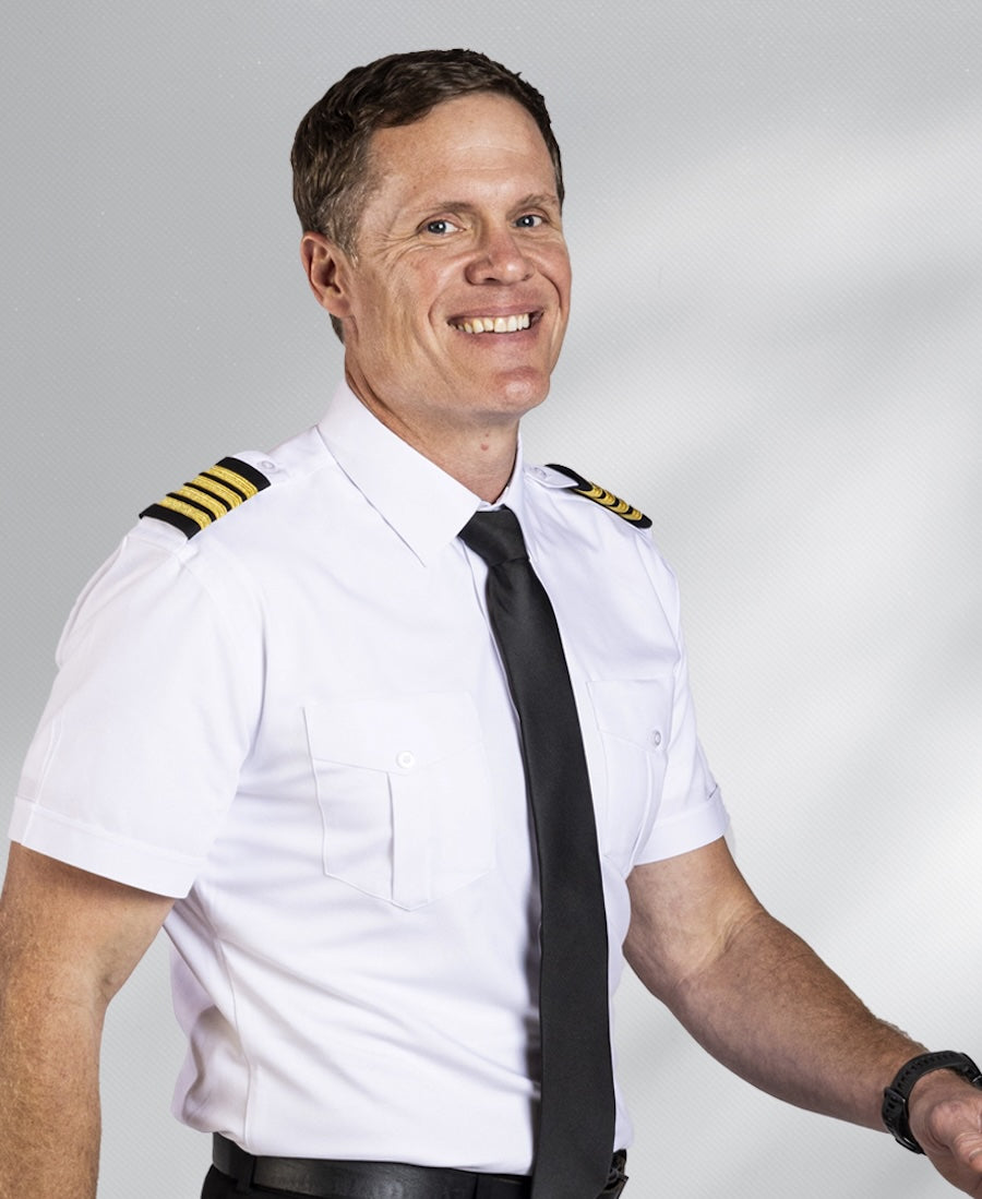 man wearing a jetseam men's pilot shirt short sleeve