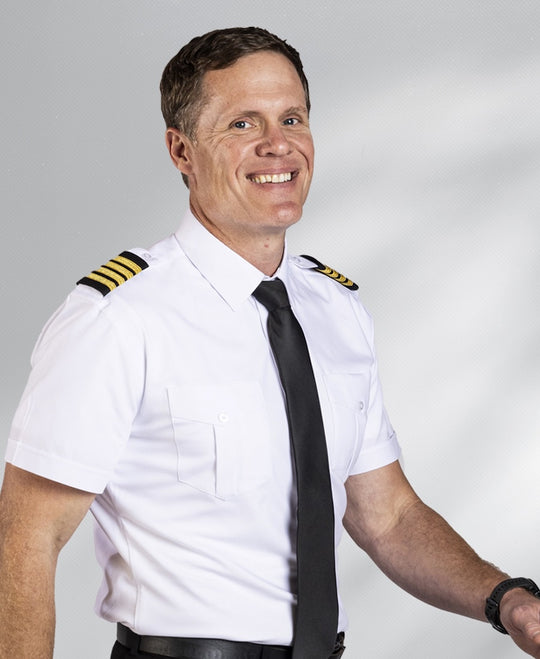 man wearing a jetseam men's pilot shirt short sleeve