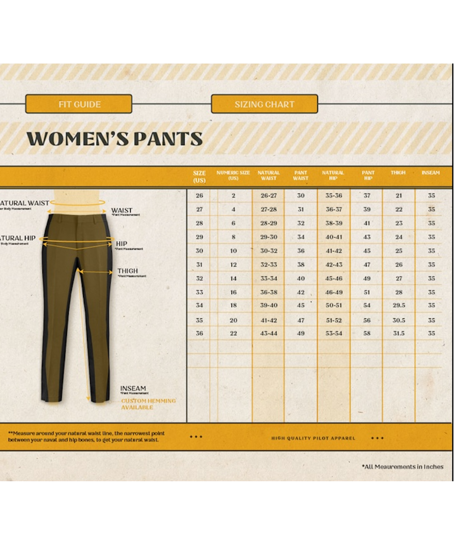 jetseam women's pilot pants size chart