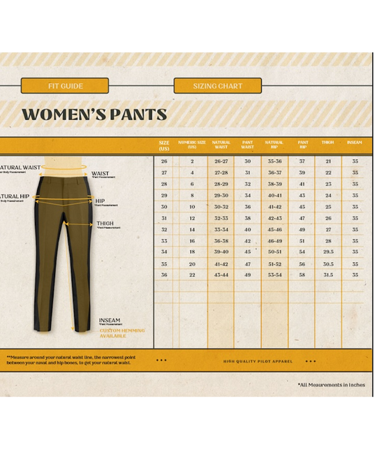 jetseam women's pilot pants size chart