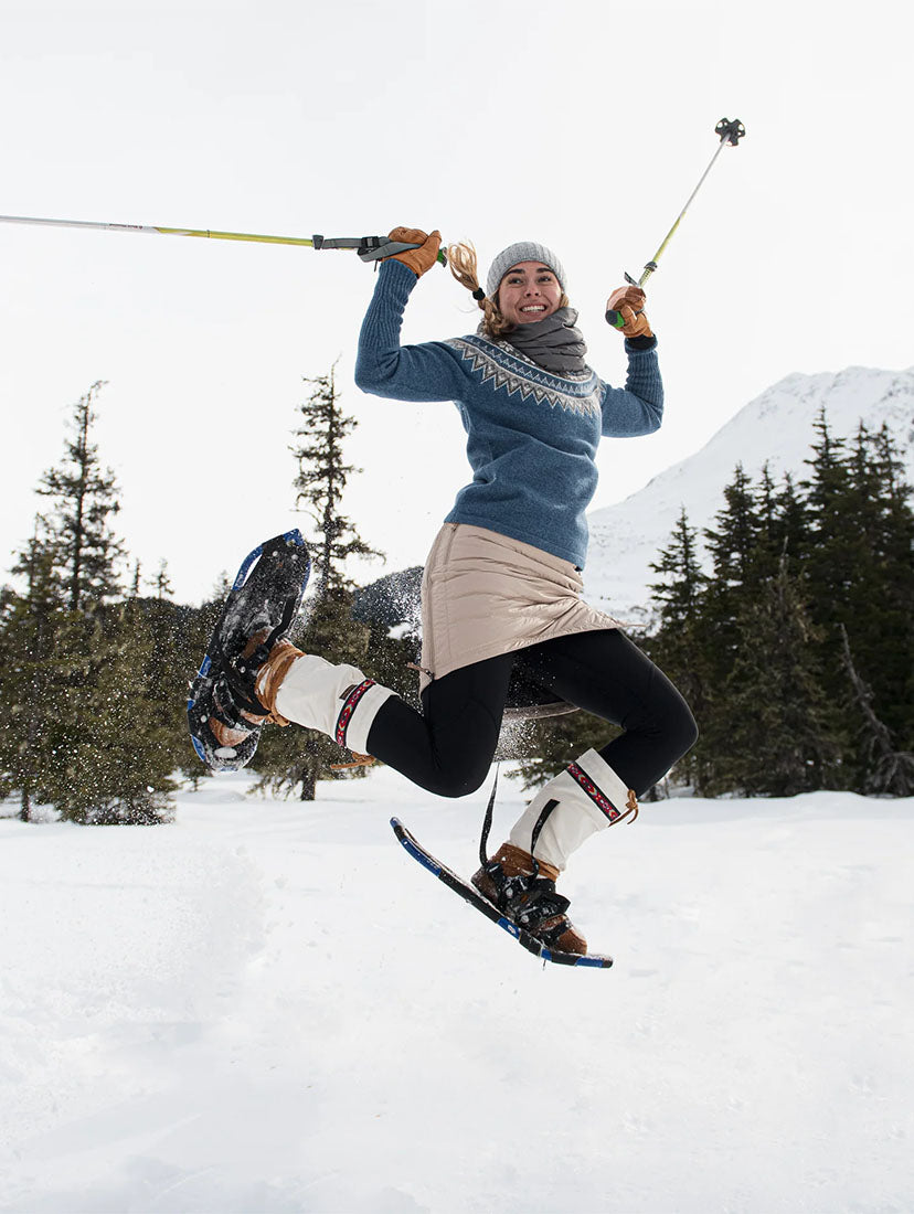 woman snowshoeing in skhoop short down skirt