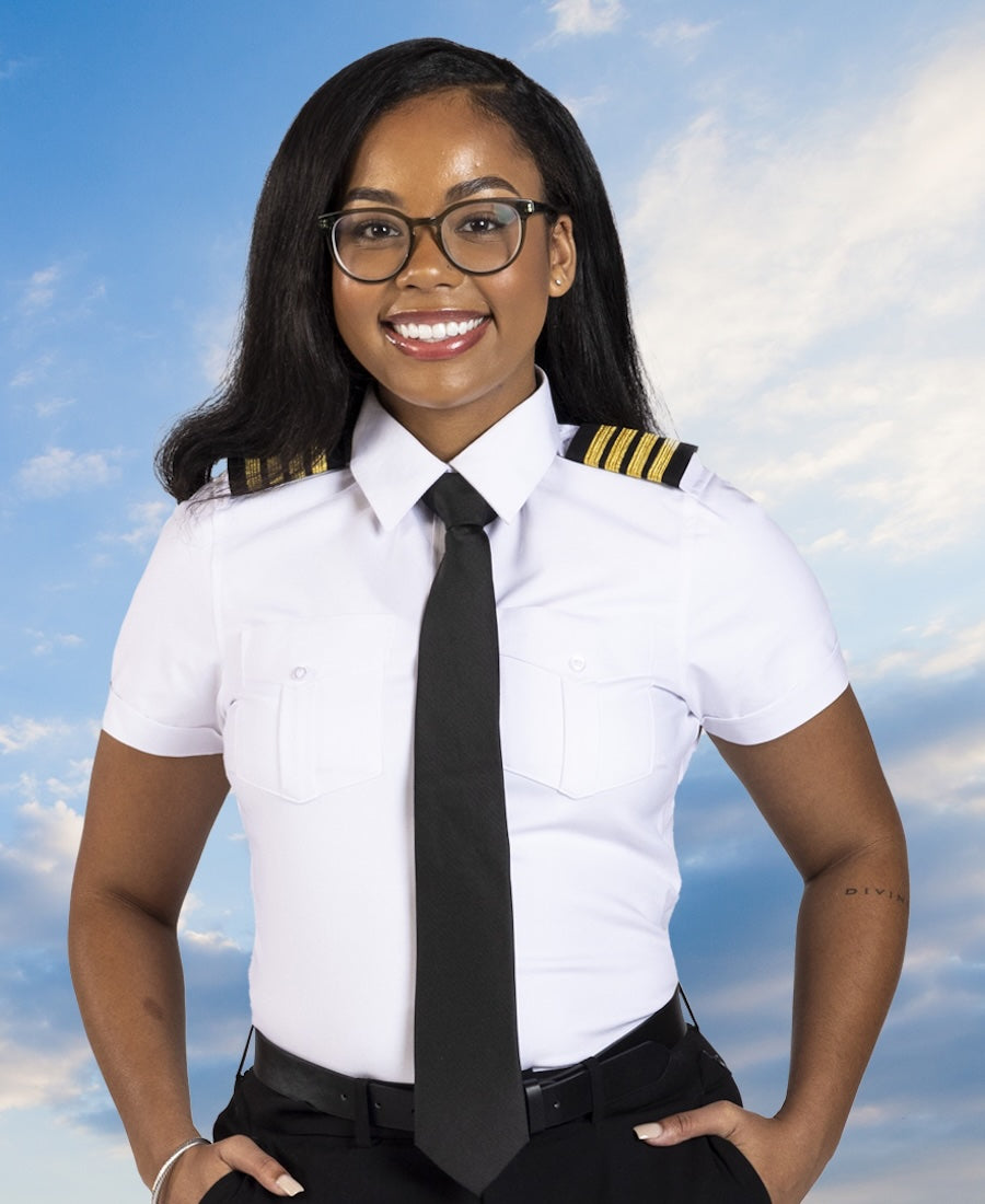 woman wearing a jetseam women's pilot shirt short sleeve