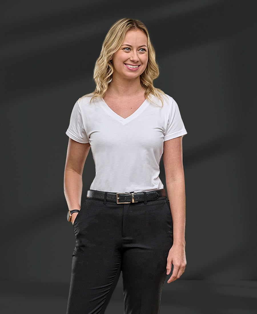woman wearing a jetseam women's v-neck pilot undershirt