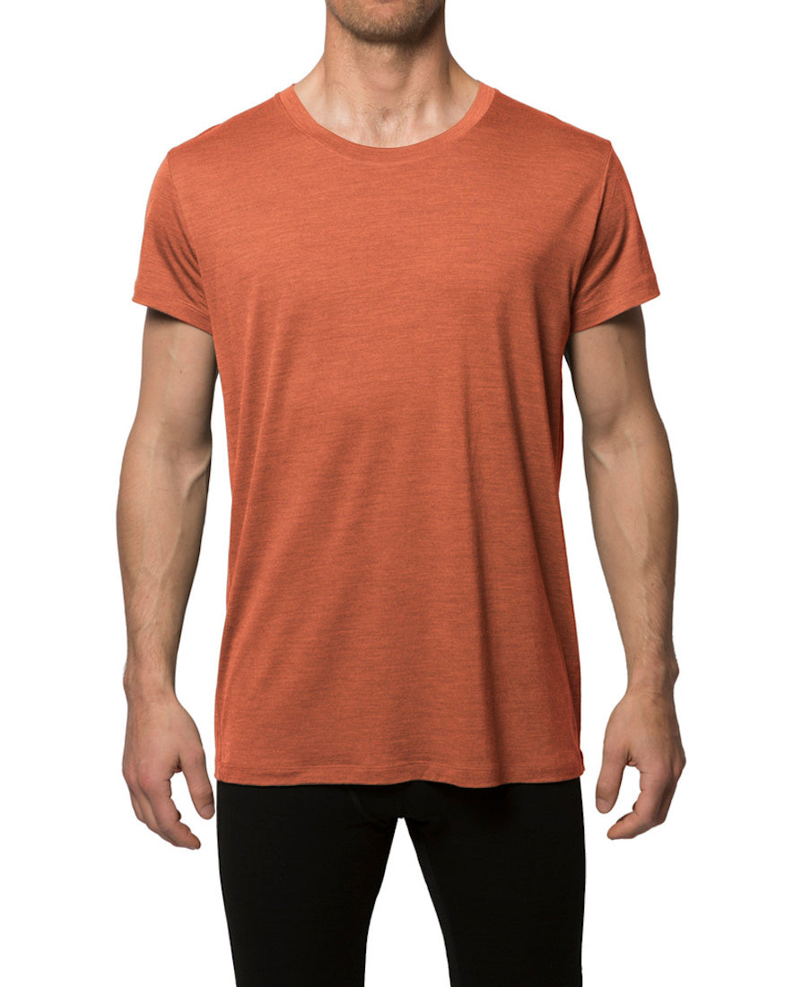 Man wearing a Rust red T-shirt