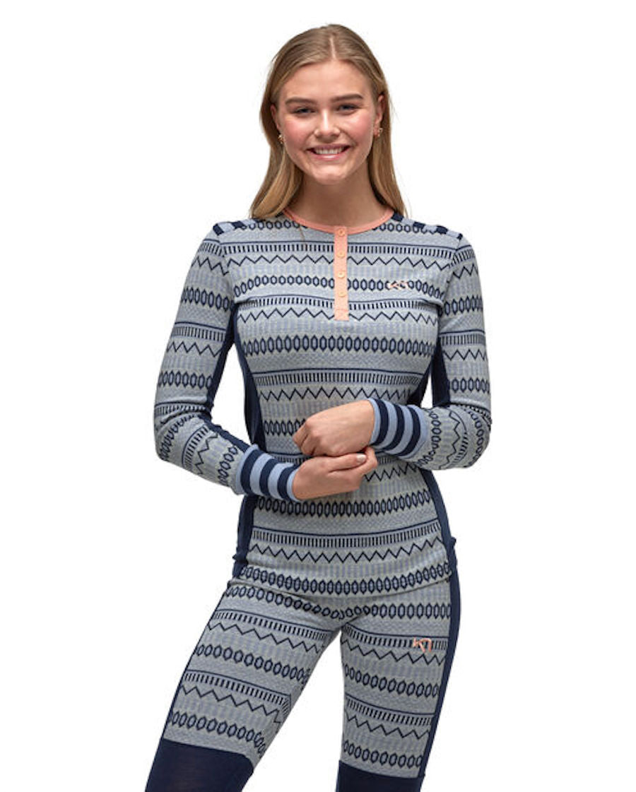 Woman wearing Akle long sleeve wool shirt
