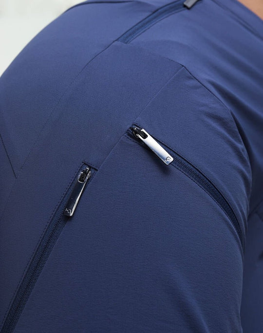 Close up view of Voss pants in navy pocket.