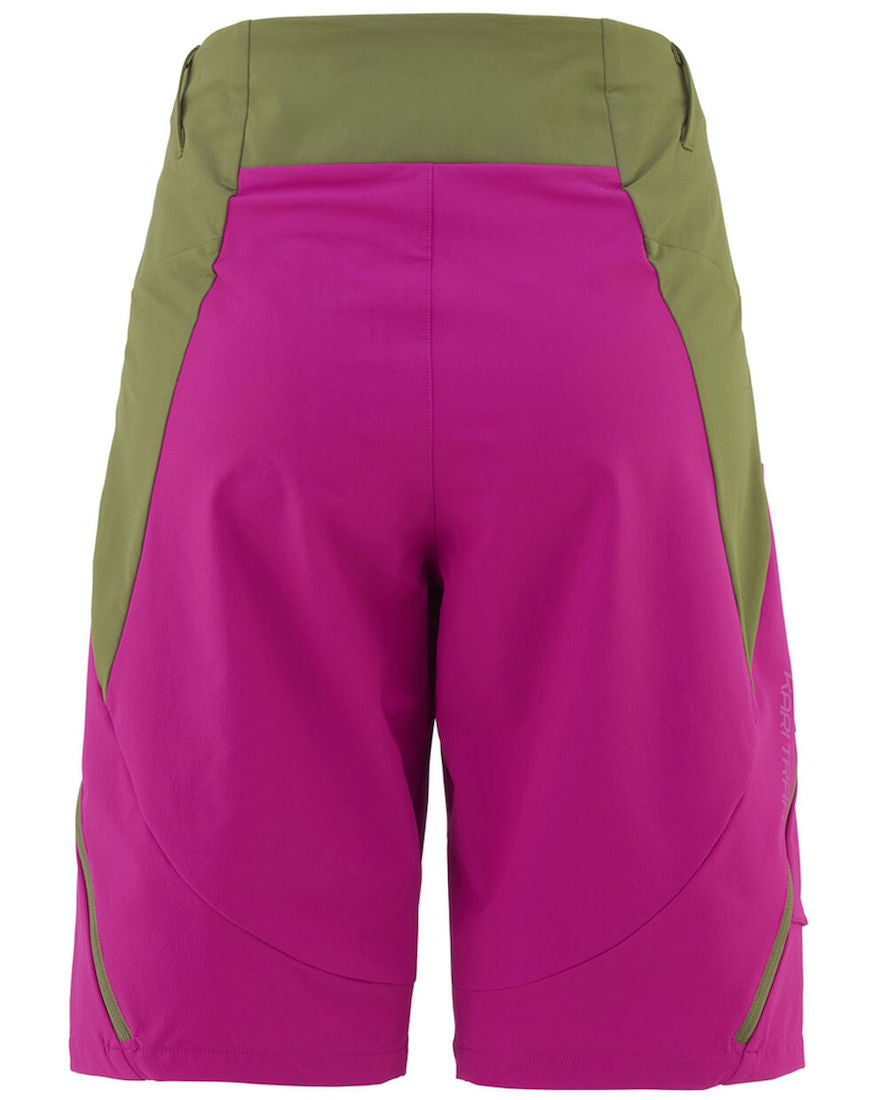 Back view of color block hiking shorts in green and pink.