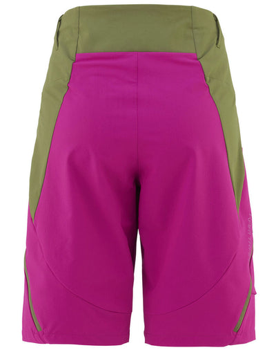 Back view of color block hiking shorts in green and pink.