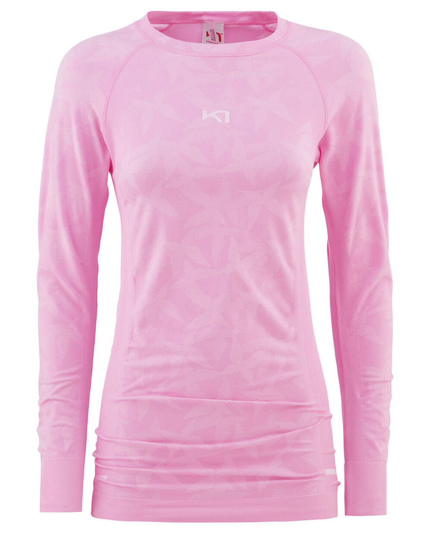 Front view of long sleeve light pink shirt with butterflies.