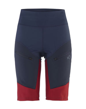 Front view of color block Ane Hiking Shorts by Kari Traa in blue and red.