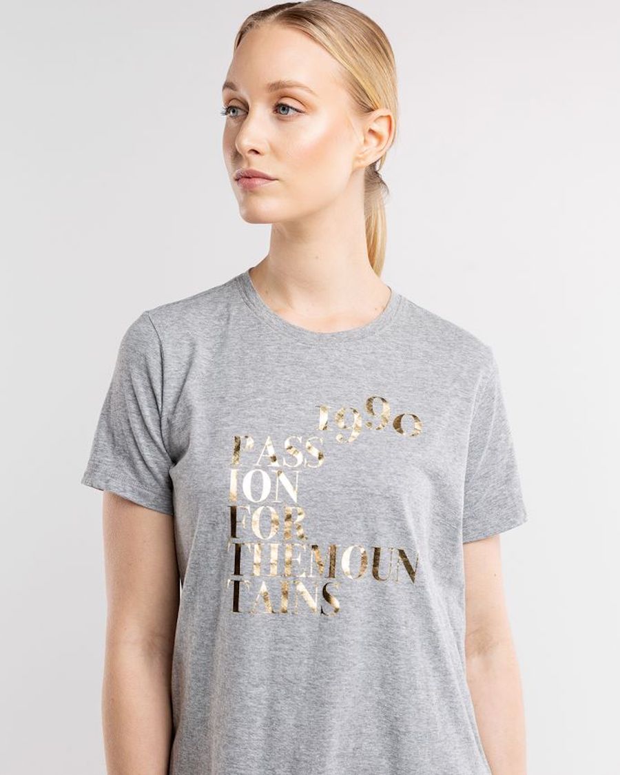 Women's t-shirt with passion for the mountains written on it by 8848
