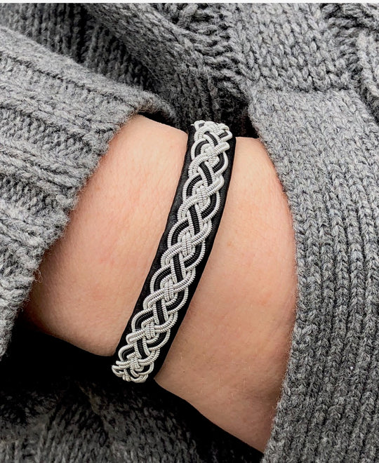 Alice / Henrik Sami bracelet by julevu handmade in reindeer leather with spun pewter and a a reindeer bone clasp