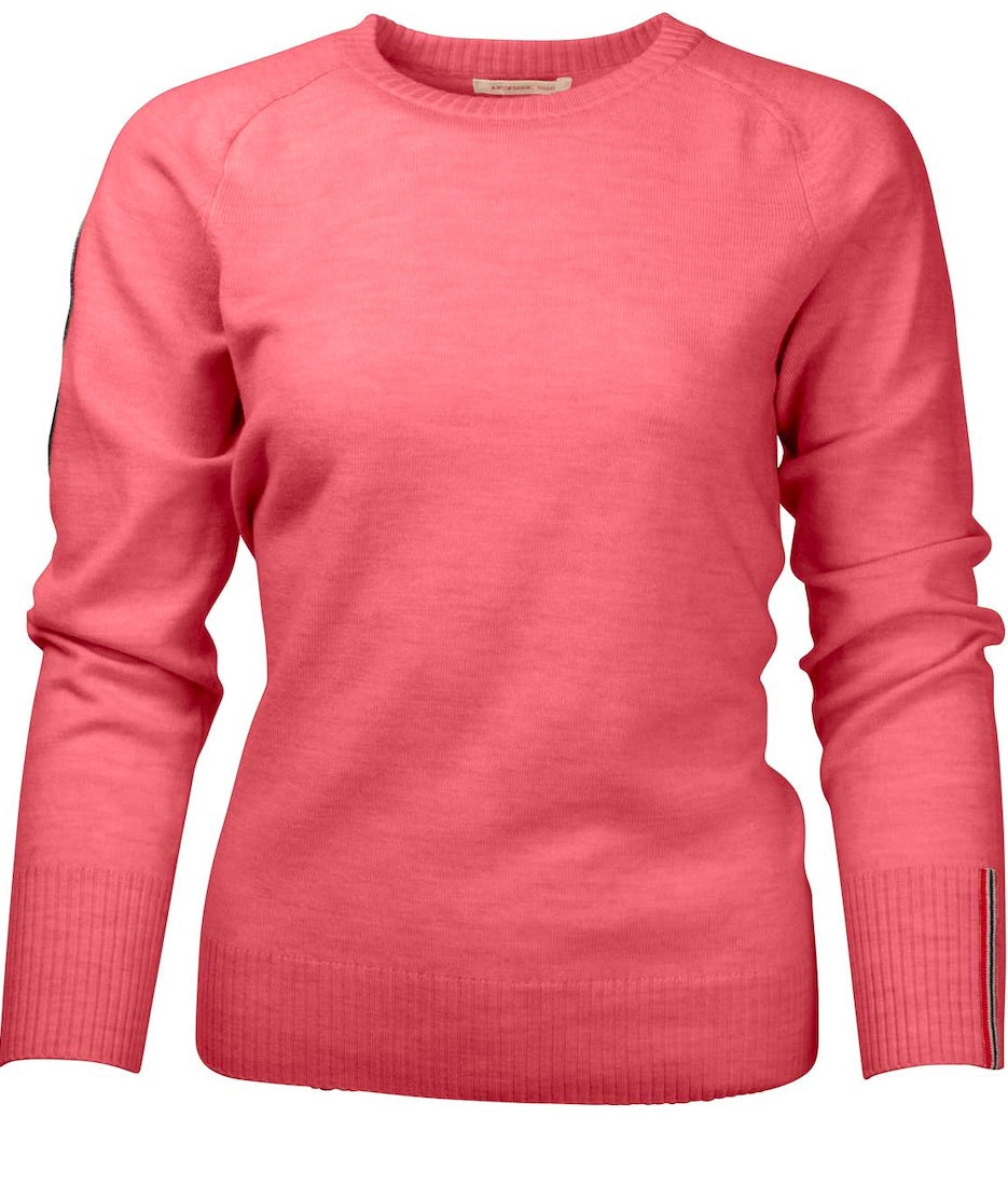 Amundsen Peak Crew Neck Sweater for Women in Coral Pink with discrete details on left forearm