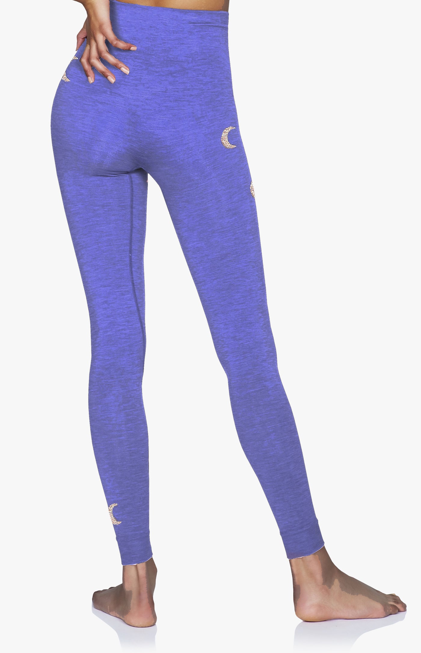 Solstice Seamless Legging with silver crescent moons in Blue Iris Purple on model