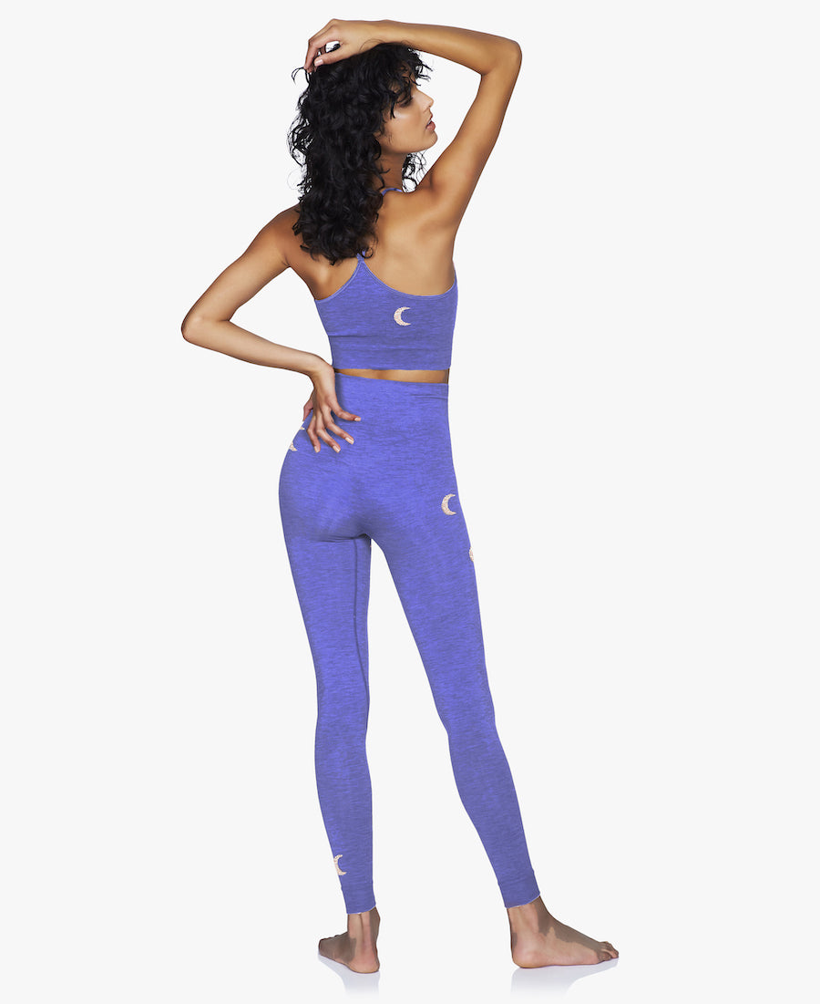 Solstice Midi Bra Top in Blue Iris Purple with Silver Moons for Yoga and Pilates or other low impact sports Rear View