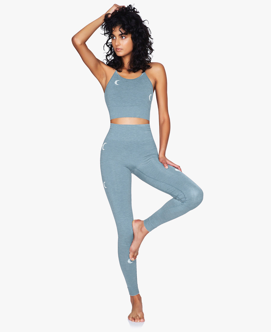 Solstice Midi Bra Top in Citadel blue with Silver Moons for Yoga and Pilates and matching leggings