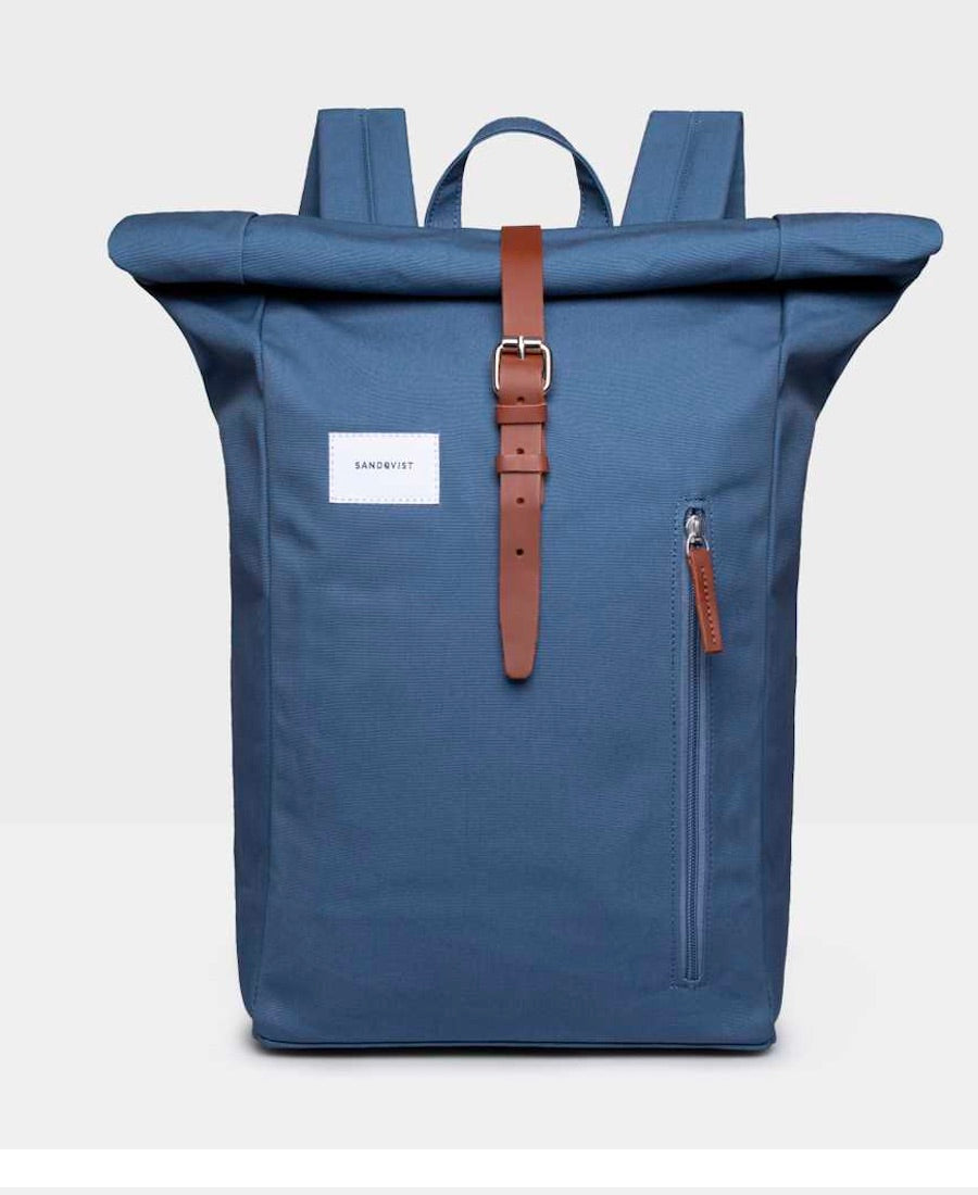 Dante Backpack in Dusty Blue with Leather Trim and pull tabs external pocket