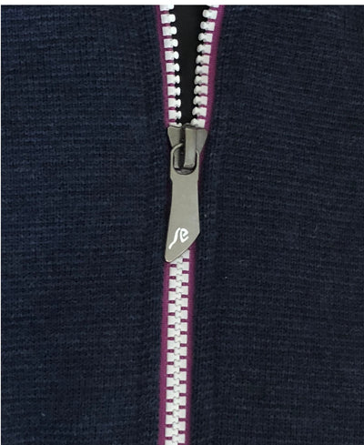 Zipper close up of Womens Zippered wool blue windbreaker with zippered pockets by Ivanhoe of Sweden for Aktiv for Outdoor use
