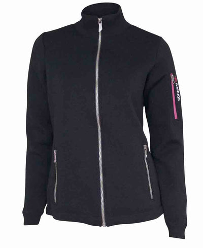 Zippered wool black windbreaker with several pockets and cinching for sizing.