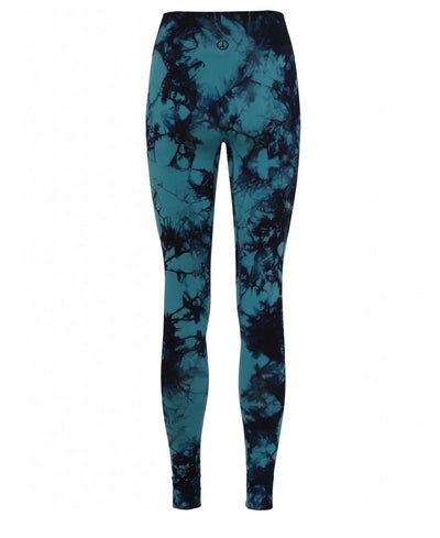 Illusion Leggings in Aura and Britney Blue in Recycled Fibers for Yoga Rear View with Moonchild Peace Logo