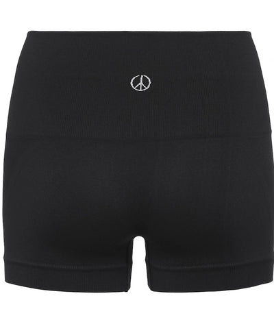 Lux Yoga shorts perfect for hot yoga- rear view in Onyx Black with Moonchild Peace Logo
