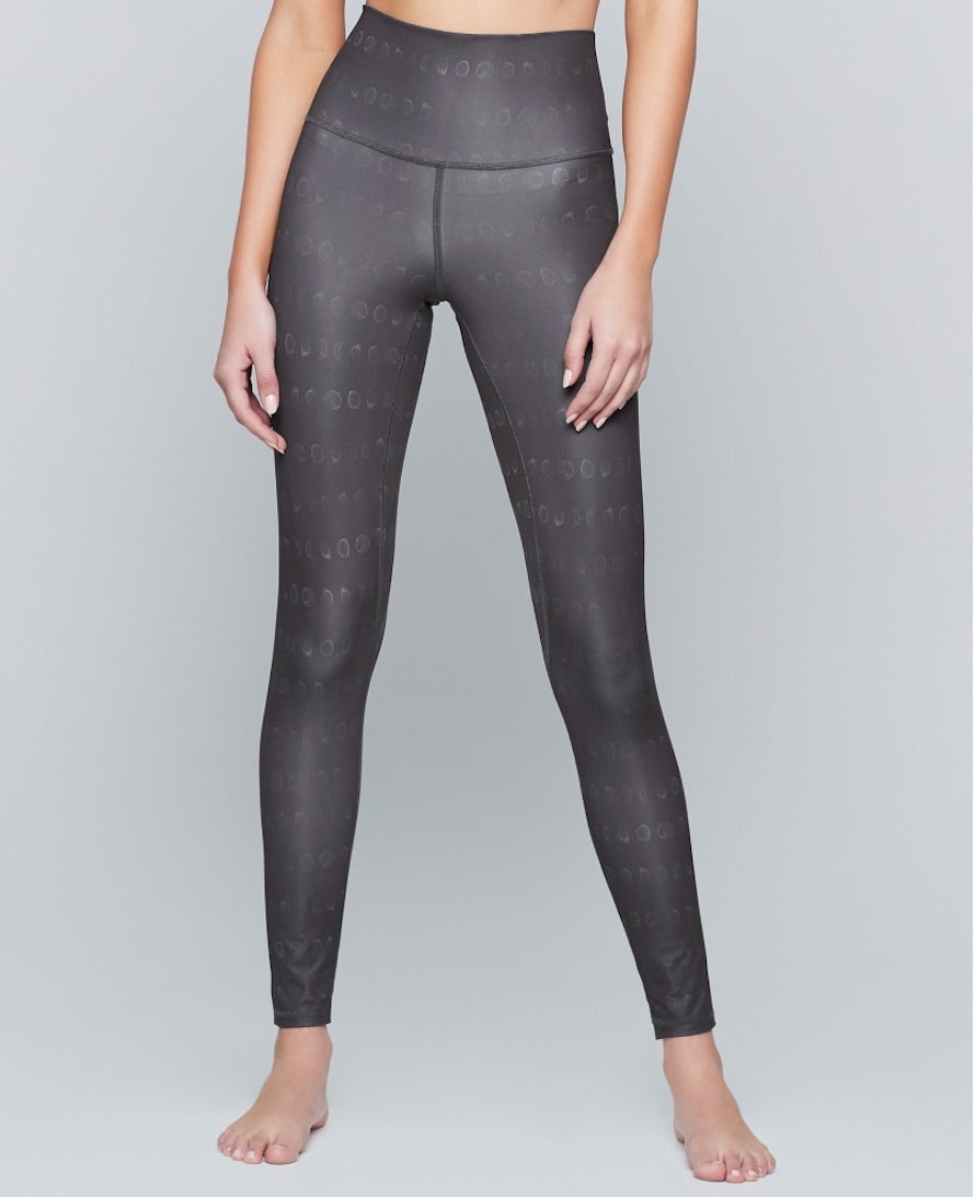 Silver yoga leggings with moons on them by Moonchild Yoga Wear