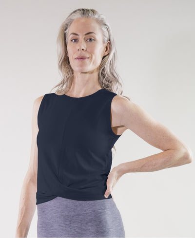 Navy draped tank by Moonchild for Aktiv on Model for pilates in organic cotton and modal