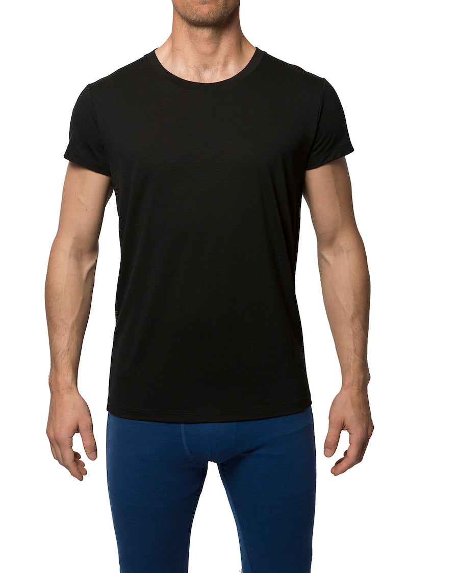 Man wearing a black T-Shirt.