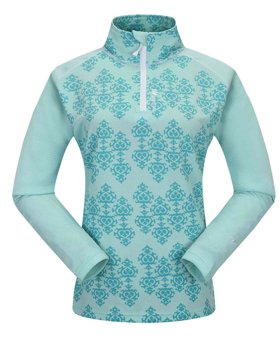 Light green and blue half zip for women showing a design by Skogstad