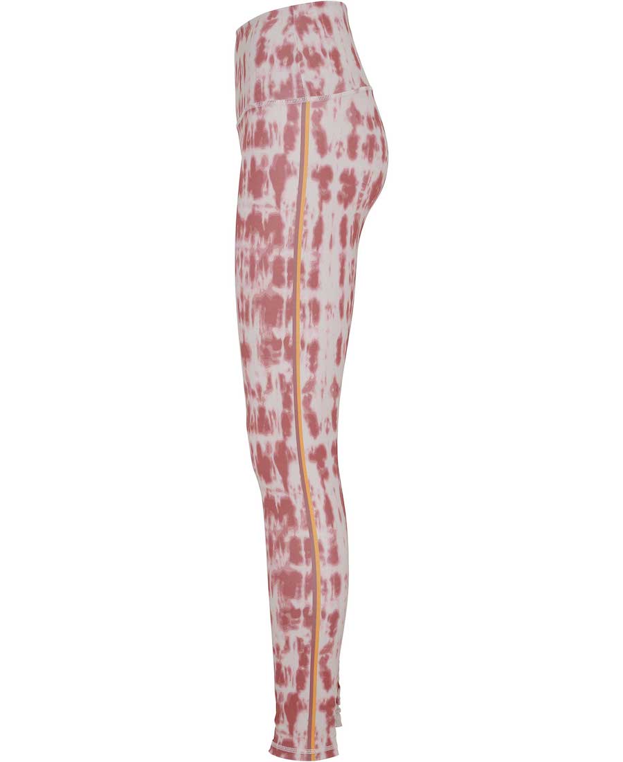 Side View of Blazing Sun Shibori Print leggings with Side Strip in Yellow and Maroon