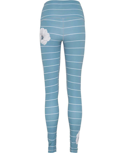 Citadel Blue leggings with white Anemone flowers and barrel stripes back view