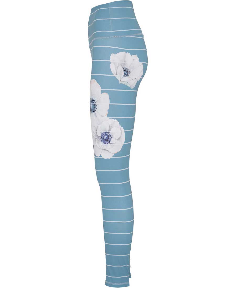 Citadel Blue leggings with white Anemone flowers and barrel stripes side view