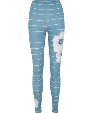 Citadel Blue leggings with white Anemone flowers and barrel stripes front view