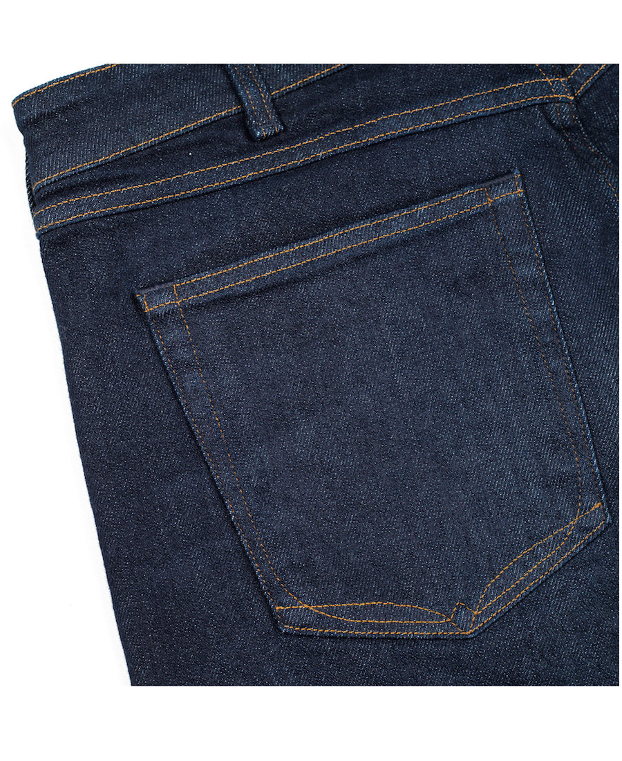 Ravin Indigo Implode Slim Straight denim jeans back pocket close up by Redew for Aktiv Mens