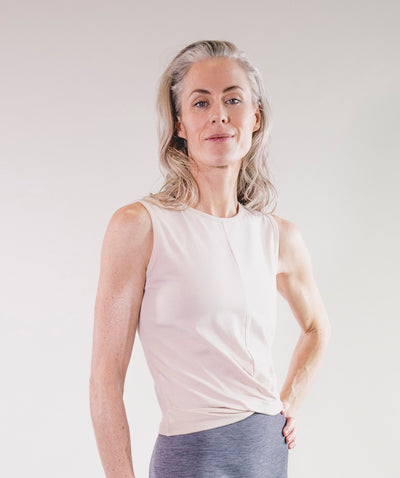 Sand Pale Pink draped tank by Moonchild for Aktiv on Model for pilates