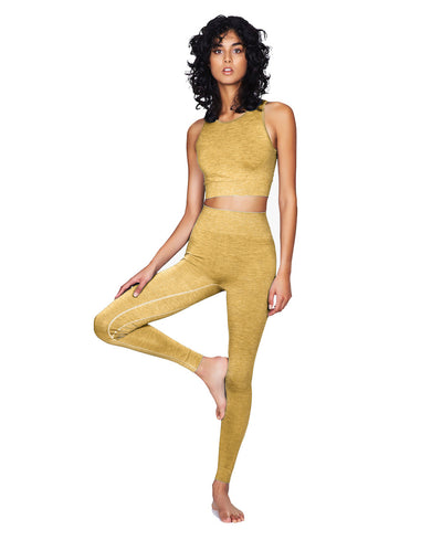 Dandelion yellow seamless leggings and crop top front view on model