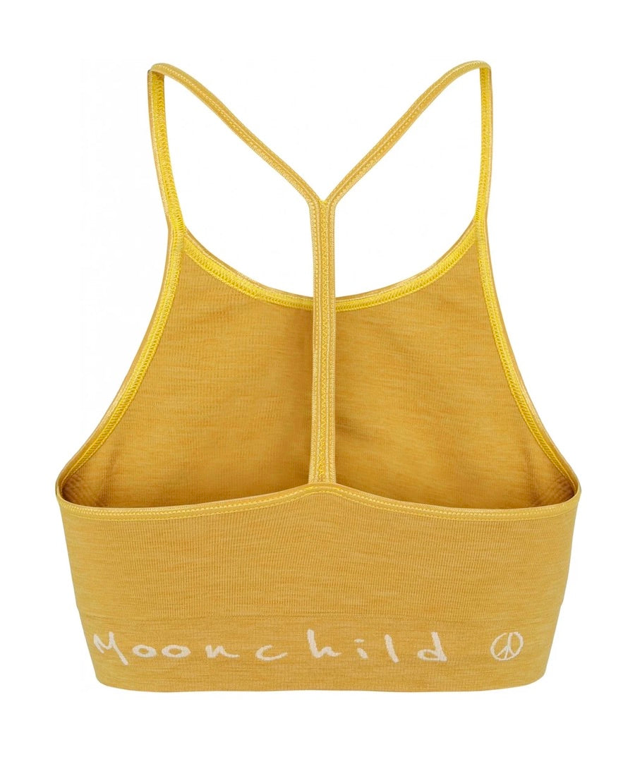 Dandelion Yellow Seamless Zen Bra Top back view Moonchild written plus logo