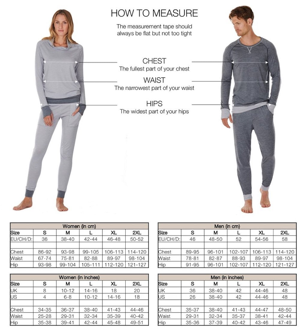 Size chart for stay cool sleep wear.
