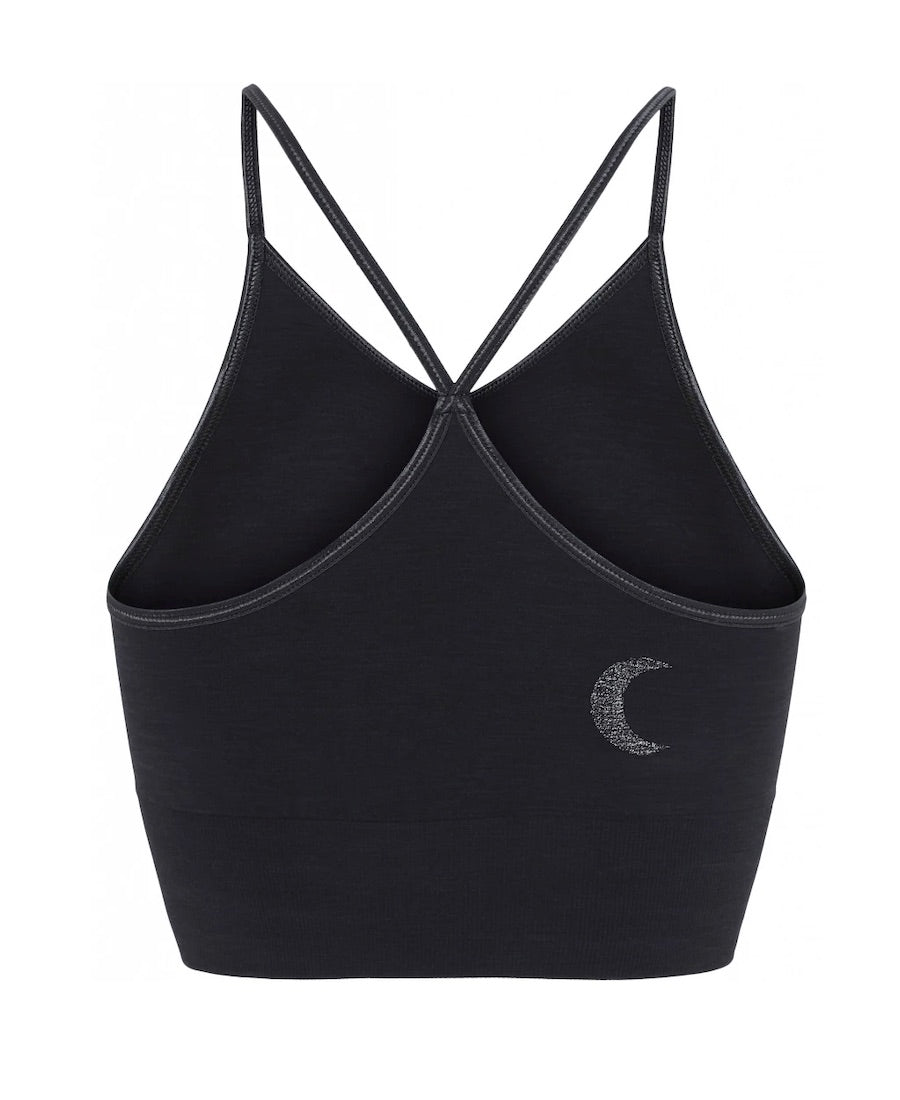 Solstice Midi Bra Top in Black with Silver Moons for Yoga and Pilates or other low impact sports back view