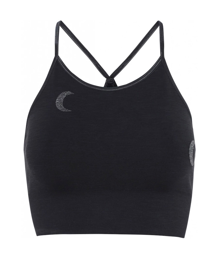 Solstice Midi Bra Top in Black with Silver Moons for Yoga and Pilates or other low impact sports