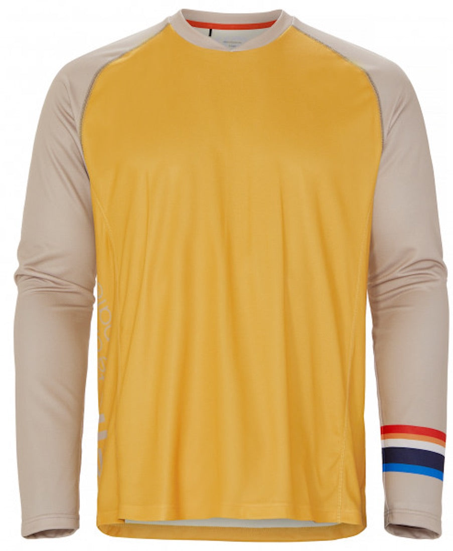 Front view of Allmountain long sleeve shirt in yellow with gray sleeves.